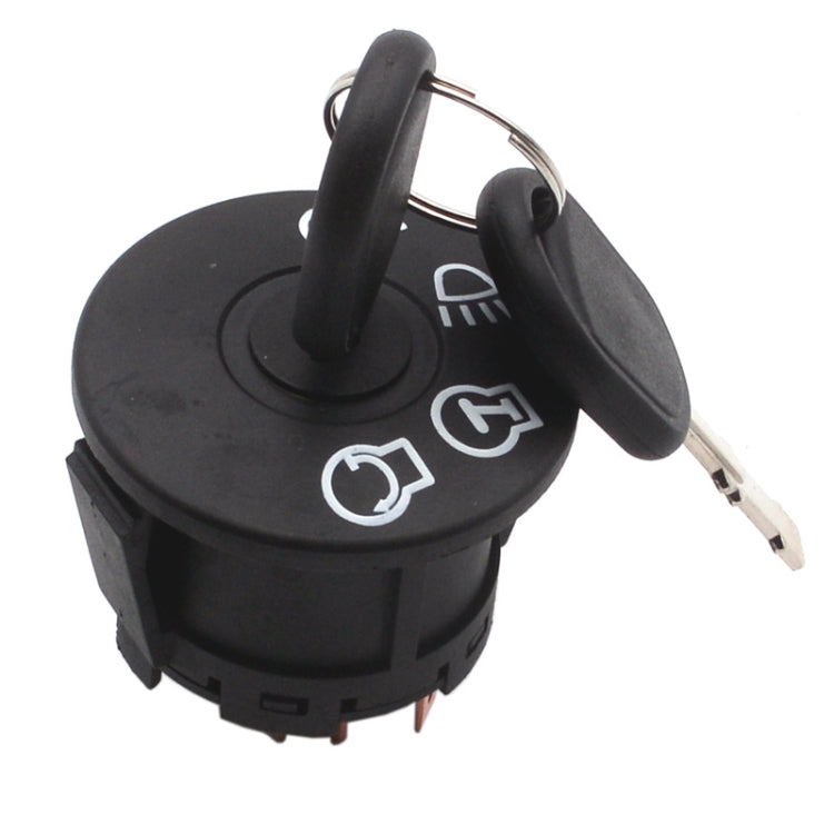 Black ignition key switch with key inserted and two terminals