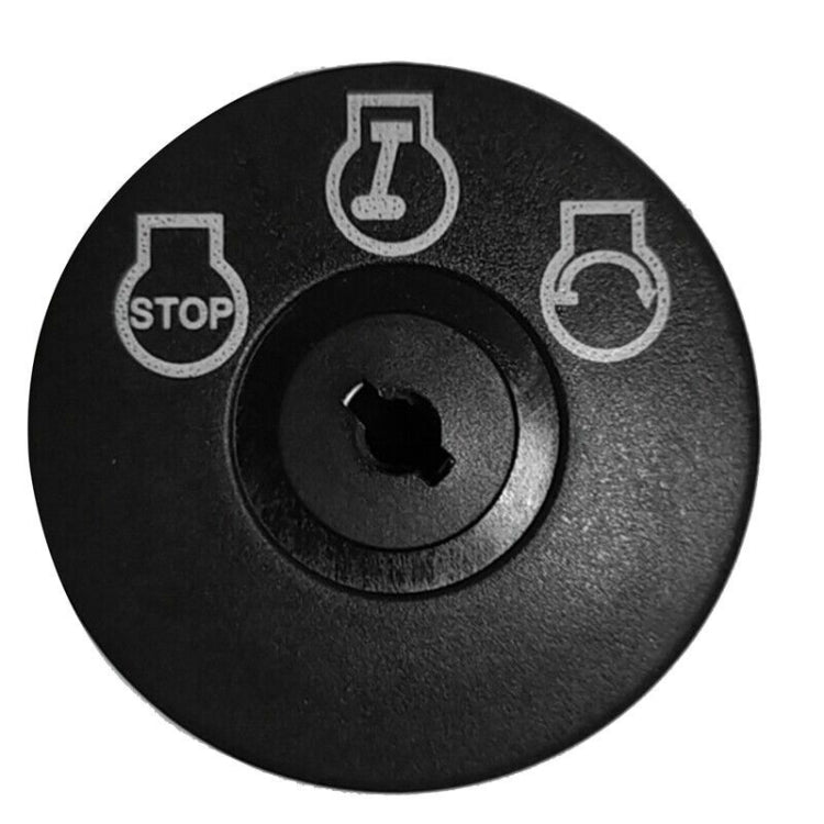 Black ignition key switch face with OFF, STOP, and ON symbols