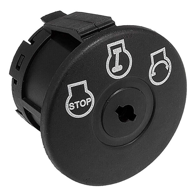 Black ignition key switch with OFF, START, and STOP icons
