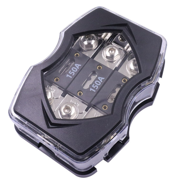 Car audio power fuse holder with clear cover and dark internal fuse blocks