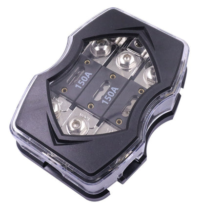 Car audio power fuse holder with clear cover and dark internal fuse blocks