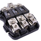 Car audio power fuse junction box with exposed screw terminals and 150A fuses