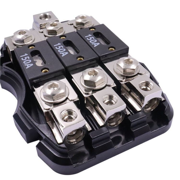 Car audio power fuse junction box with exposed screw terminals and 150A fuses