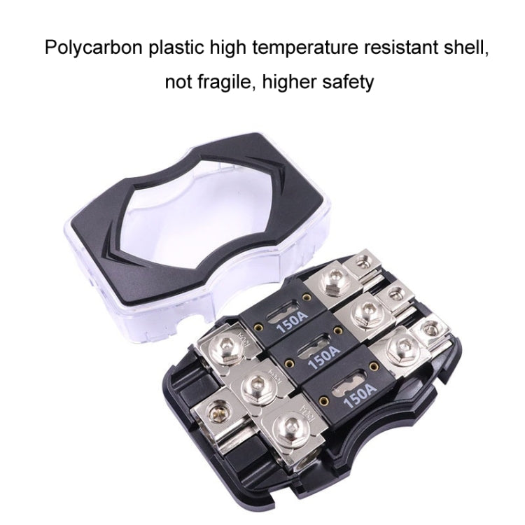 Car audio power fuse holder with hinged clear cover showing fuse blocks and studs