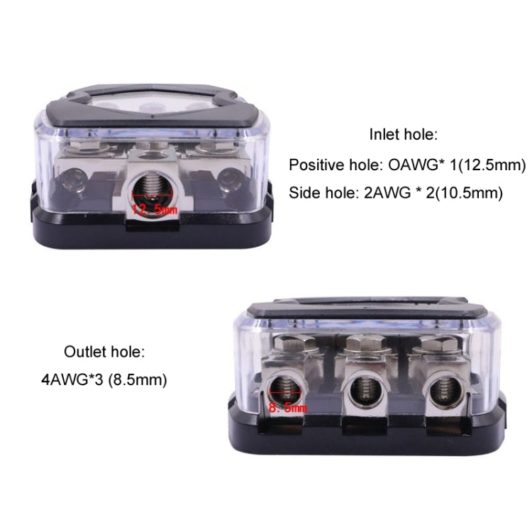 Car audio power fuse holder showing center inlet hole and three outlet ports