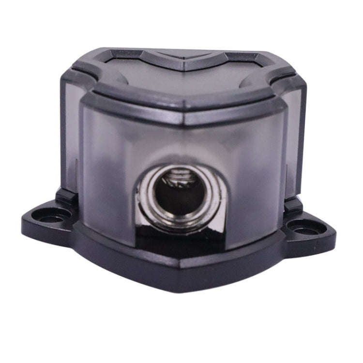 Black fuse holder with central threaded stud outlet on plastic base