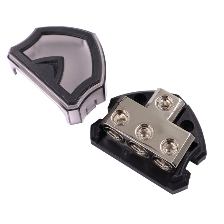 Car audio fuse hub cover and base with dual screw terminals and black plastic body