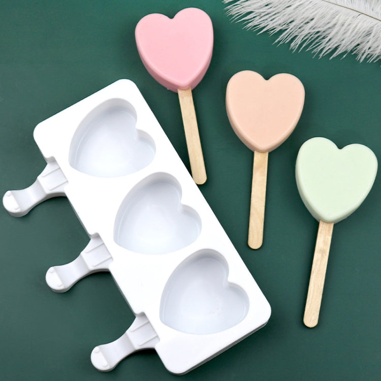 3-cavity heart-shaped ice cream pudding mold with wooden-style stick molds