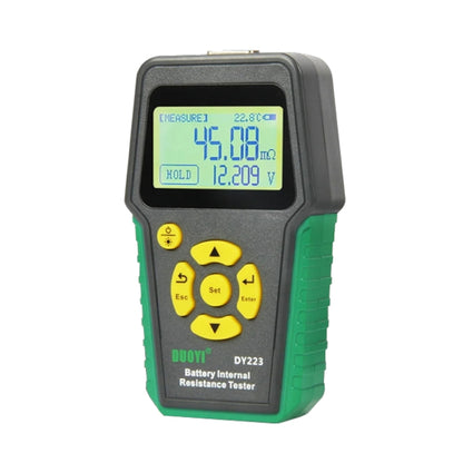 Handheld EV battery resistance tester with backlit LCD and yellow button keypad