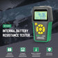 Handheld EV battery resistance tester with LCD display and yellow navigation buttons on green case