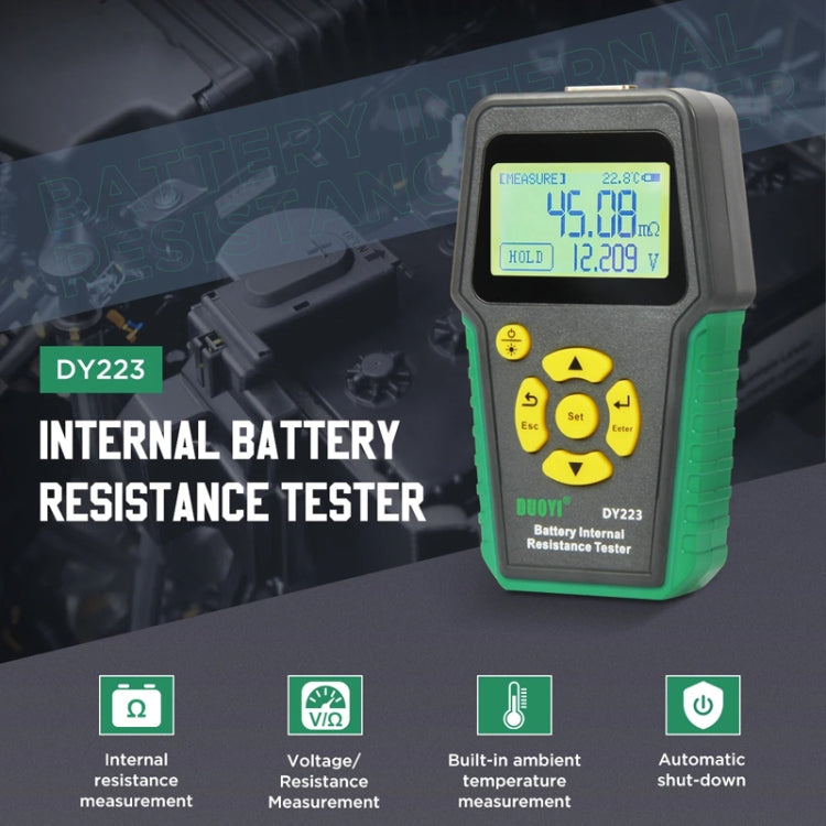 Handheld EV battery resistance tester with LCD display and yellow navigation buttons on green case
