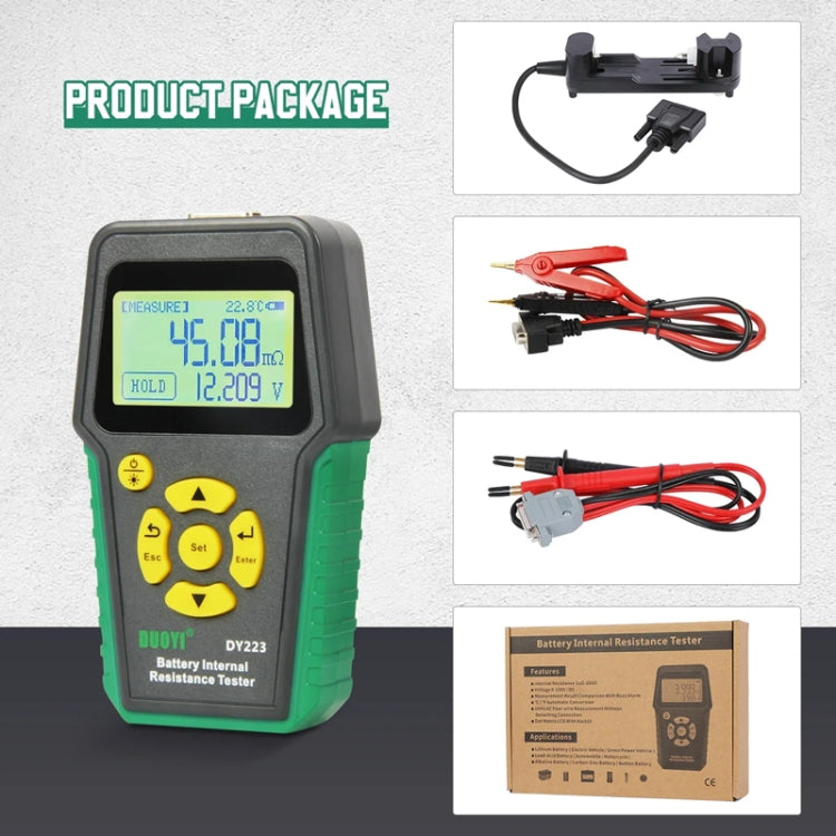 Handheld battery tester DUOYI DY223 with LCD screen and test cable accessories