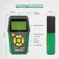Handheld tester with LCD screen, yellow keypad, and green grip side; dimension diagram view