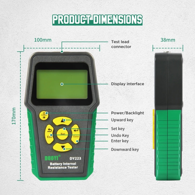 Handheld tester with LCD screen, yellow keypad, and green grip side; dimension diagram view