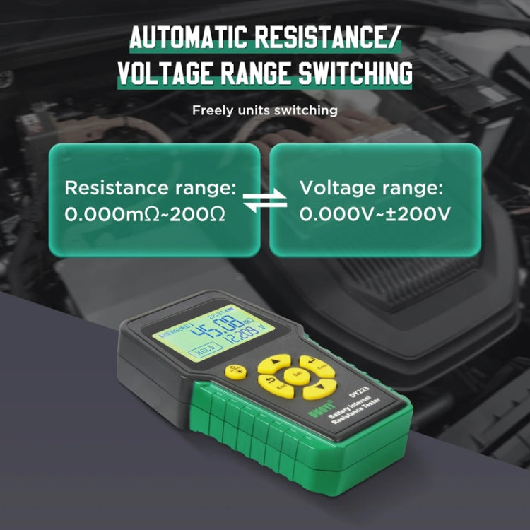 Handheld battery tester with LCD screen and green housing; compact portable design