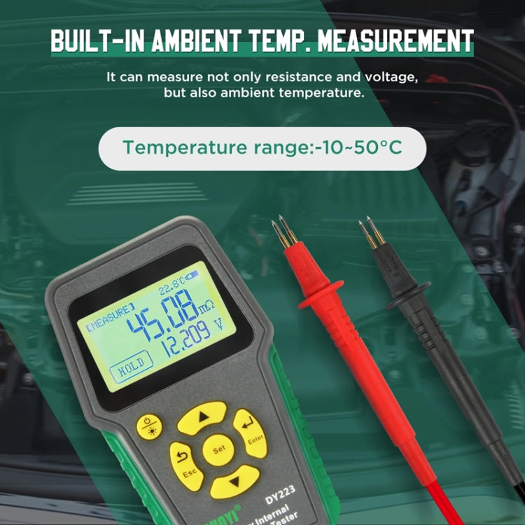 Handheld tester with LCD screen and included red and black test leads with probes