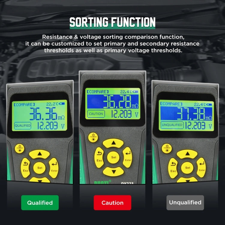 Three handheld battery resistance testers showing compare results on LCD screens
