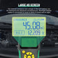 Front view of handheld tester with large backlit LCD showing resistance and voltage values