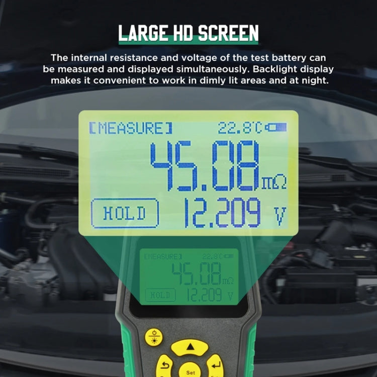 Front view of handheld tester with large backlit LCD showing resistance and voltage values