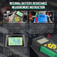 Handheld tester displaying internal battery resistance and voltage readings on LCD