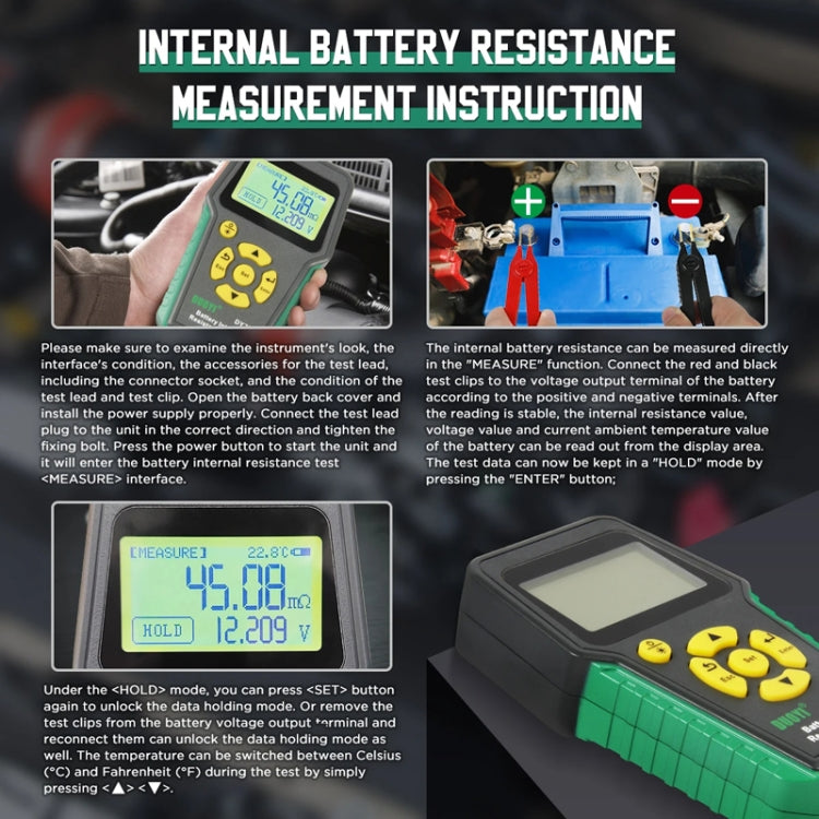 Handheld tester displaying internal battery resistance and voltage readings on LCD