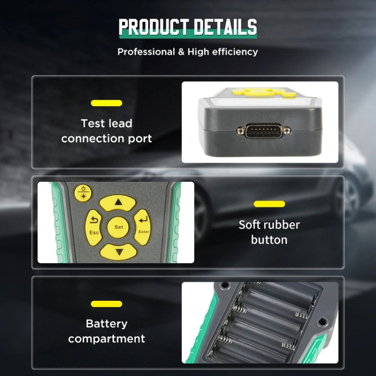 Battery tester product details: test lead port, soft rubber buttons, and open battery compartment