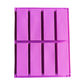 Purple rectangular silicone soap mold with 8 channels and grid dividers