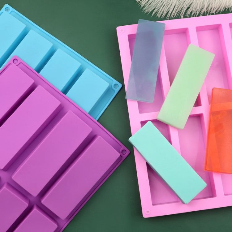 Rectangular silicone soap molds in blue and pink, 8-cavity grid design
