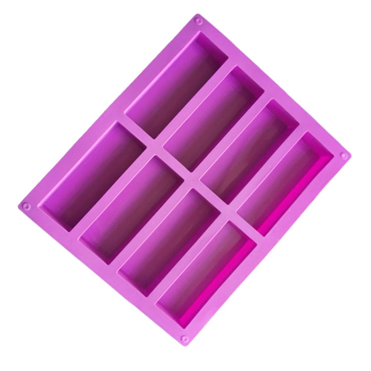 Purple rectangular silicone soap mold with 8 open channels and grid frame