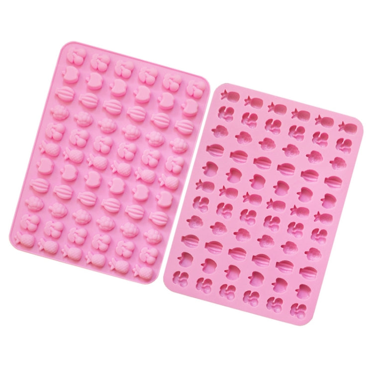 Pink silicone mini candy mold with 66 fruit-shaped cavities, two-panel tray