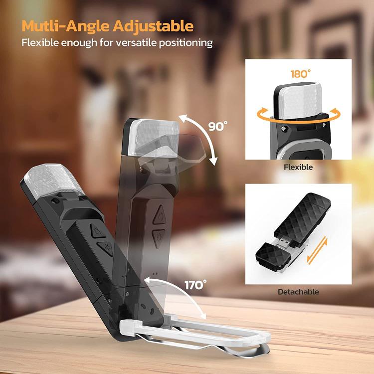 Adjustable clip-on book light with multi-angle neck and detachable arm