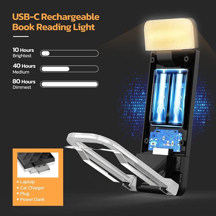 USB-C rechargeable clip-on book reading light with illuminated lamp head