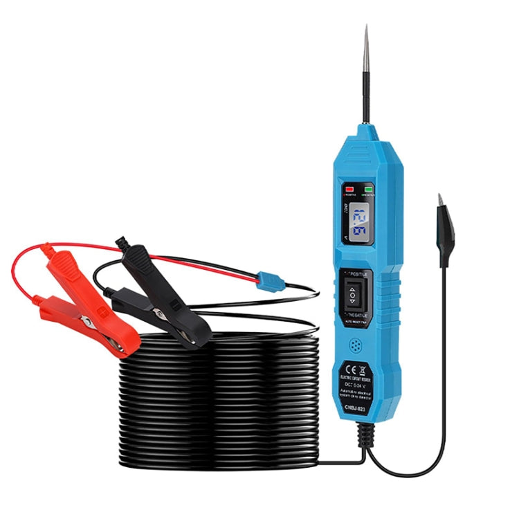 Vehicle circuit diode tester with blue handheld unit, probe, and red/black clips
