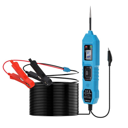 Vehicle circuit diode tester with blue handheld unit, probe, and red/black clips