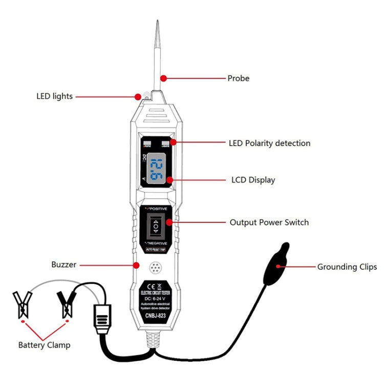 Diode tester feature diagram showing probe, LED polarity detection, and LCD display