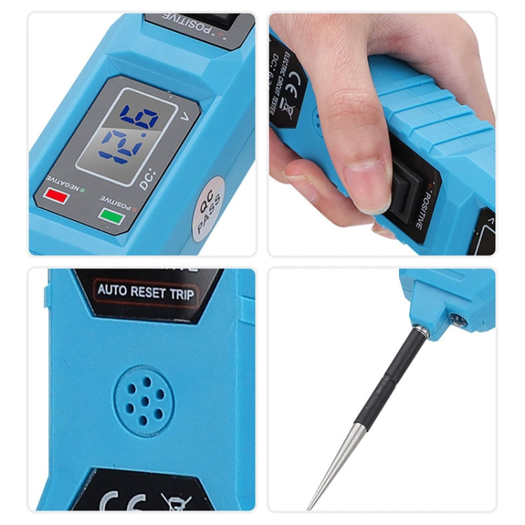 Blue diode tester close-up with LCD screen, hand grip, and pointed probe tip