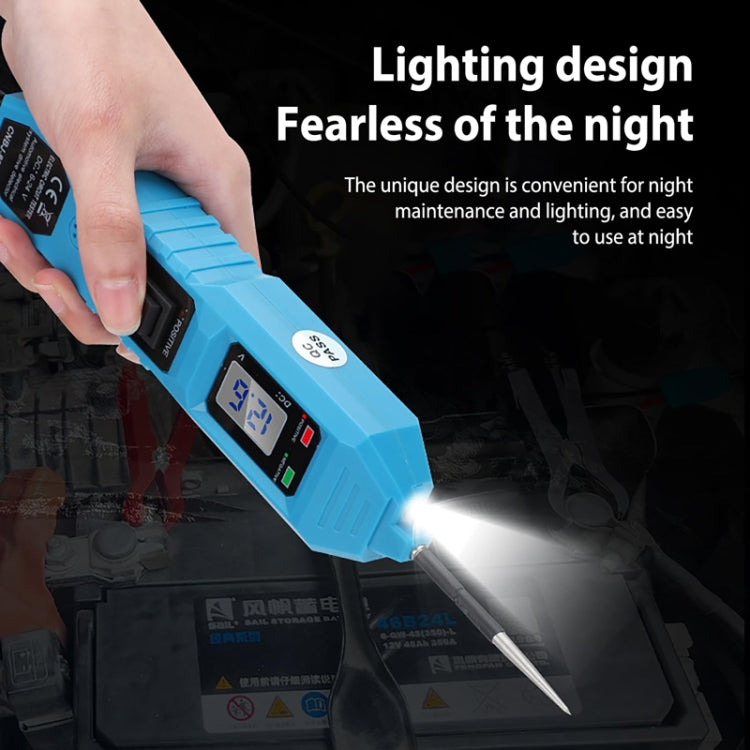 Blue diode tester with bright probe tip light for testing in dark areas