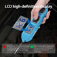 Diode tester with glowing LCD and indicator lights on blue handheld housing
