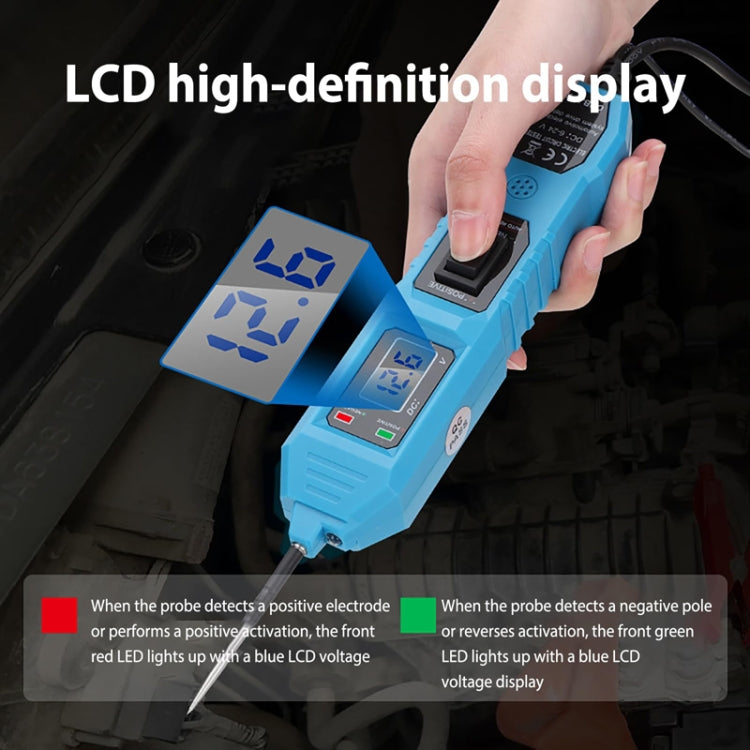 Diode tester with glowing LCD and indicator lights on blue handheld housing