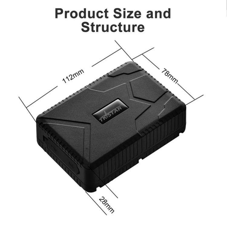 Black GPS tracker with product dimensions diagram and TRKSTAR logo