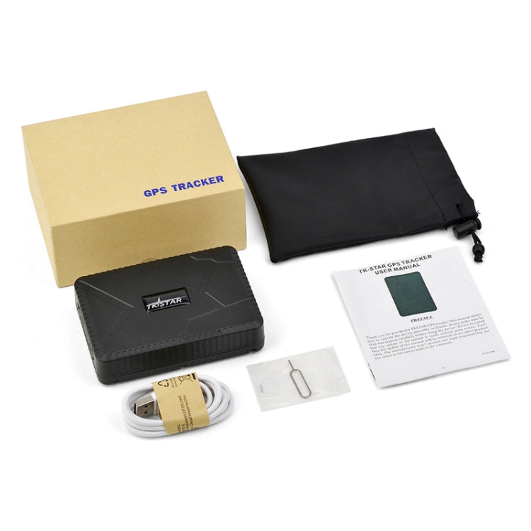 GPS tracker kit: black device pouch, white cable, manual, and mounting card