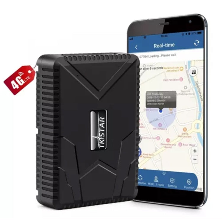 Black GPS tracker next to smartphone showing real-time map interface and 4G badge