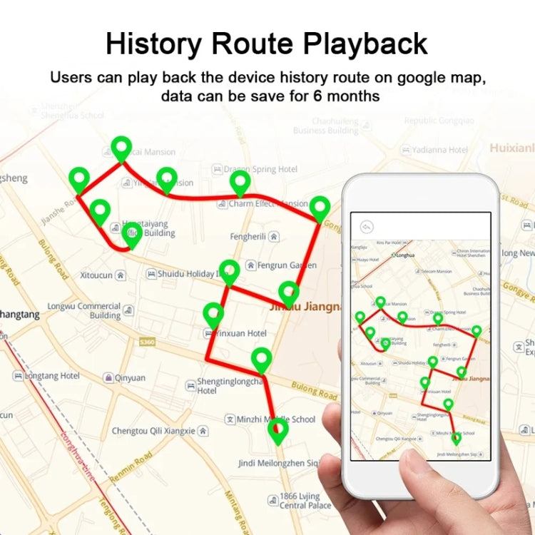 Smartphone screen showing GPS history route playback with green route markers