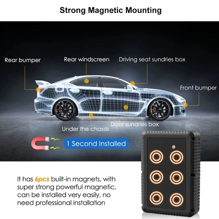 Black GPS tracker with strong magnetic mounting shown on car diagram