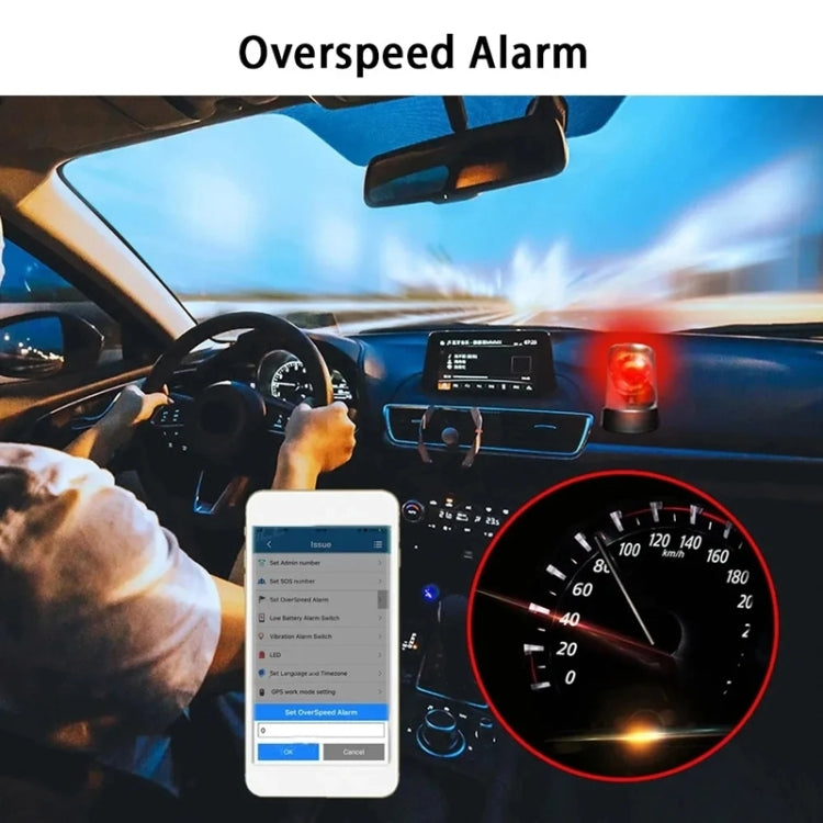 Smartphone alarm screen showing overspeed alert alongside GPS tracking app