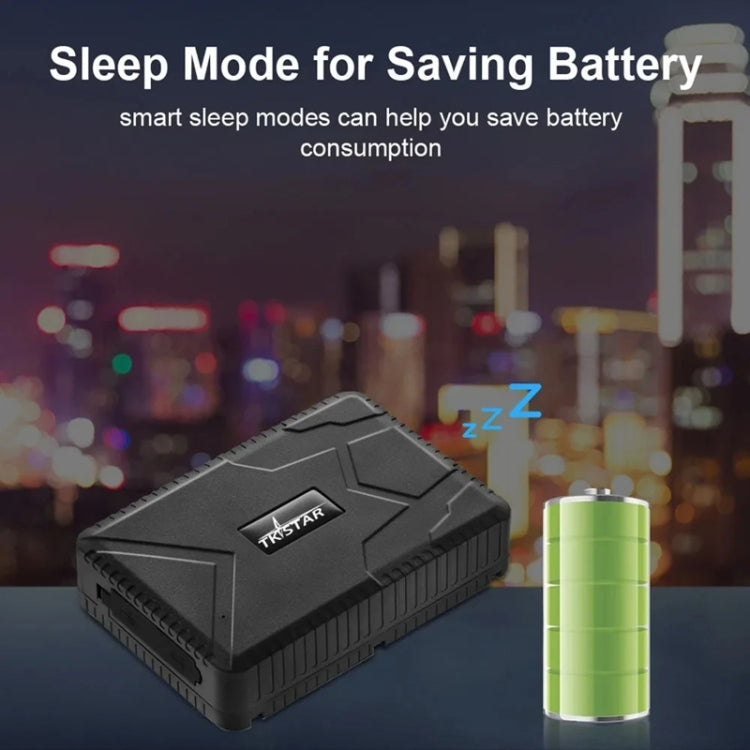 Black GPS tracker with sleep mode graphic and battery icon illustration