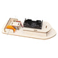 Assembled electric boat model with battery holder, motor, and propeller components
