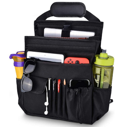 Black front car seat organizer bag with multiple pockets and zip compartments