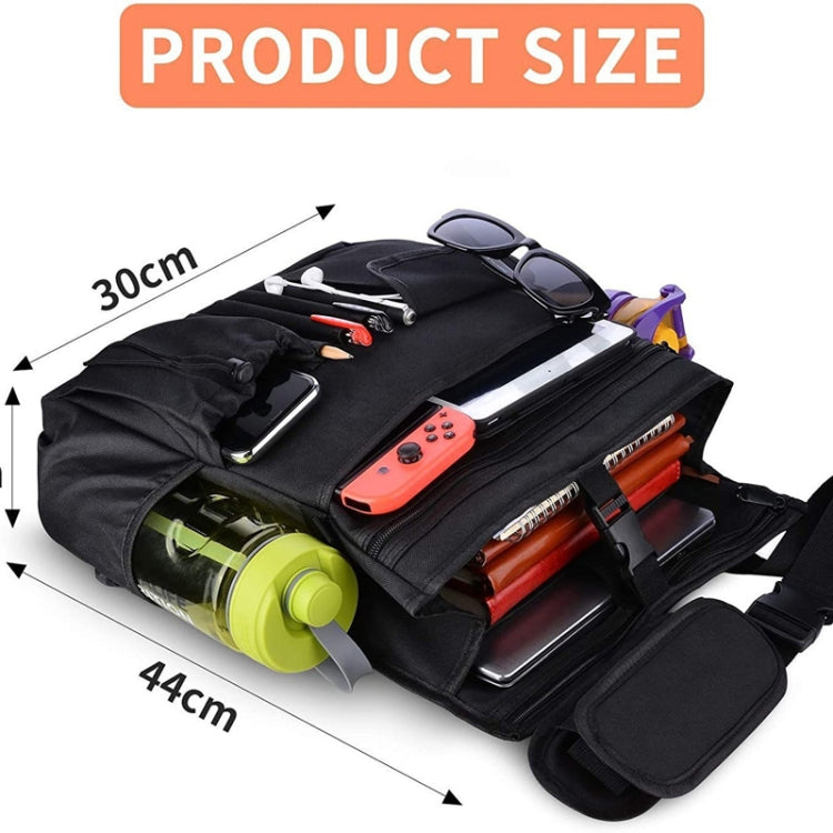 Black seat back organizer bag laid flat, showing zip compartments and side pockets