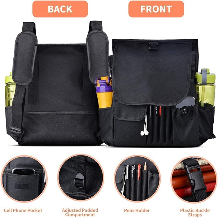 Black car seat hanging organizer bag with top flap, pen holders, and side pockets